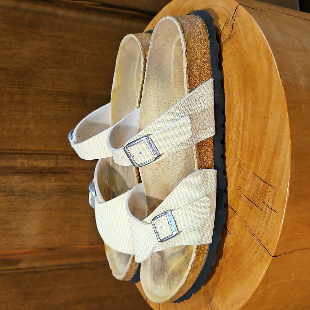 Birki's By Birkenstock Yellow & White Striped Silver Buckle Size 7.5 / 38 - Picture 4 of 15